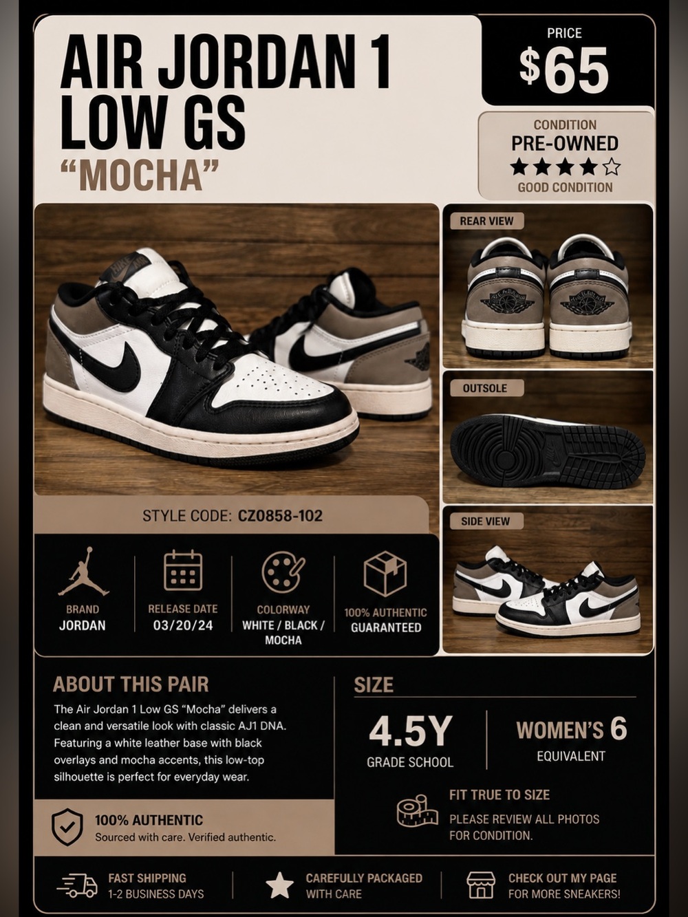 Jordan Air Jordan 1 Low GS — White / Black / Mocha Size 4.5 // 6 Women